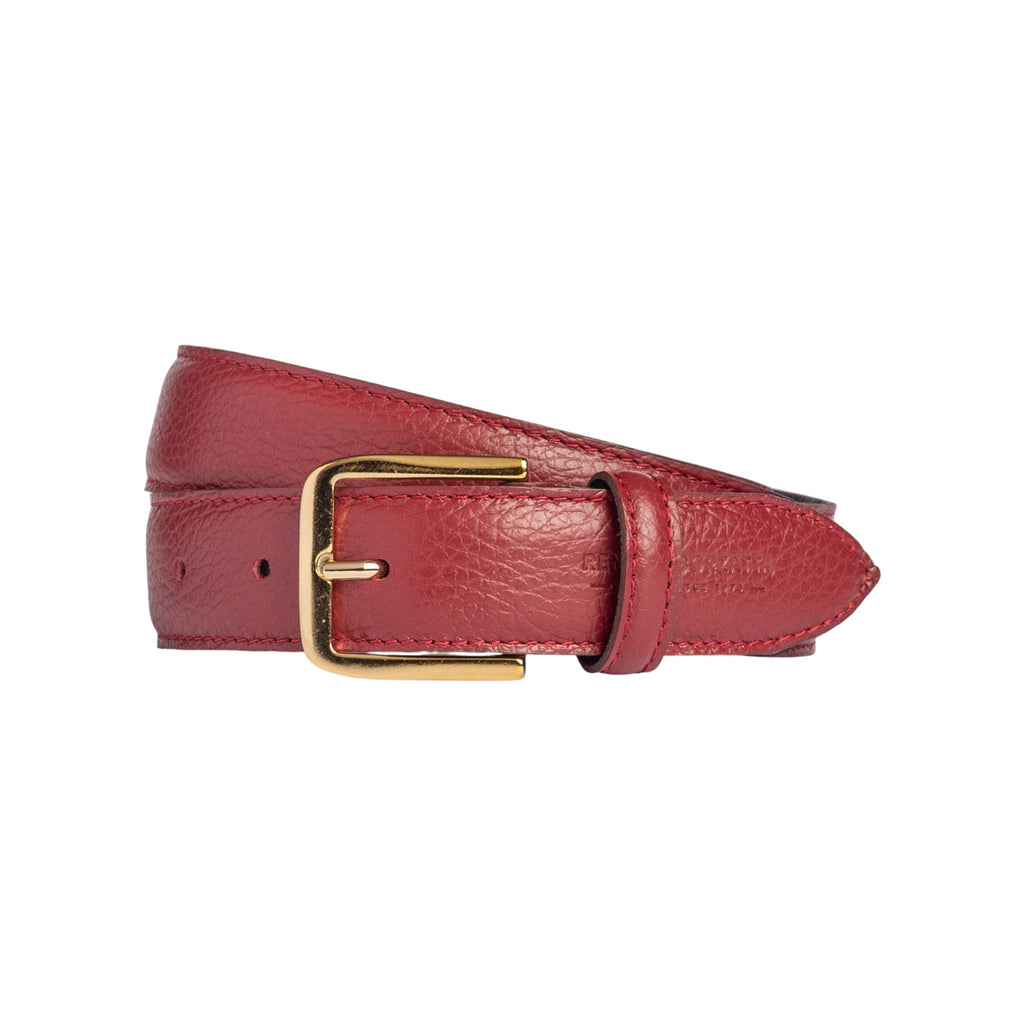 RB4023Q | Women's Belt Made in Italy in Genuine Dollar Grain Leather. Polished Gold-Finish Buckle. Ruby Color. Dimensions: 115 x 3.0 x 0.5 cm (waistline 100 cm)