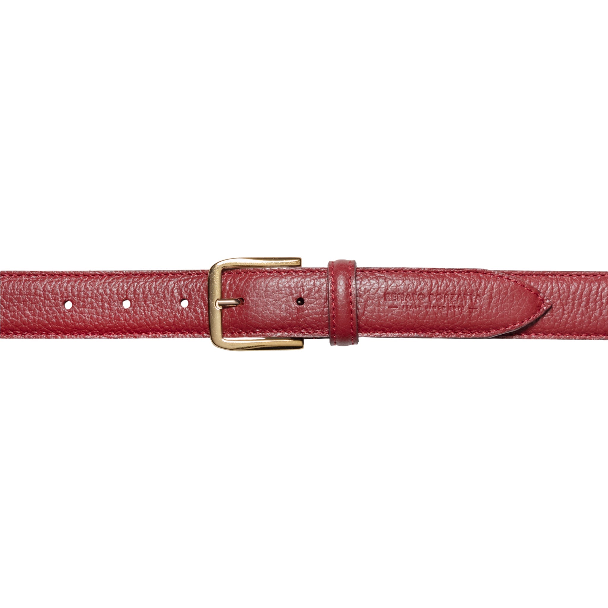 RB4023Q | Women's Belt Made in Italy in Genuine Dollar Grain Leather. Polished Gold-Finish Buckle. Ruby Color. Dimensions: 115 x 3.0 x 0.5 cm (waistline 100 cm)