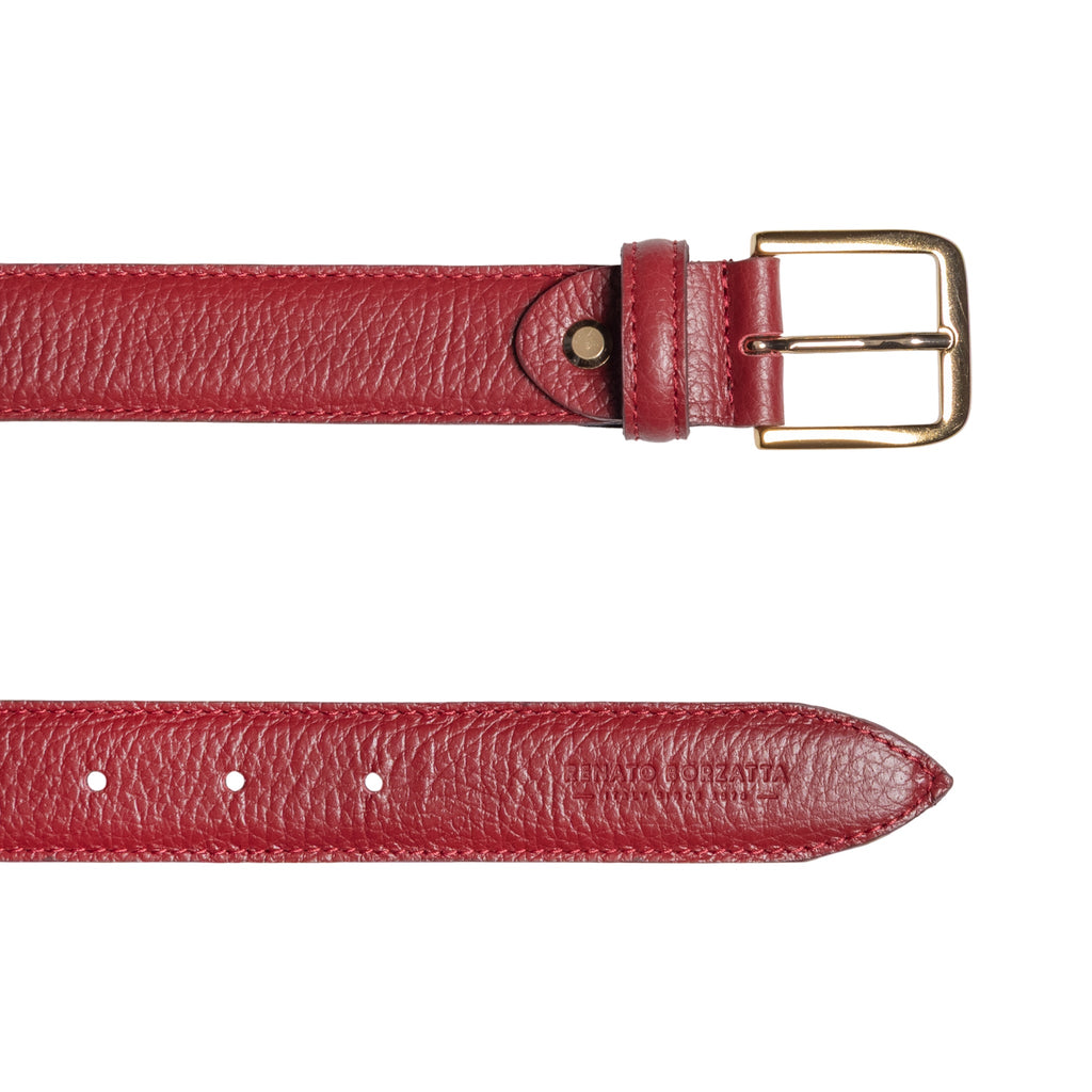 RB4023Q | Women's Belt Made in Italy in Genuine Dollar Grain Leather. Polished Gold-Finish Buckle. Ruby Color. Dimensions: 115 x 3.0 x 0.5 cm (waistline 100 cm)