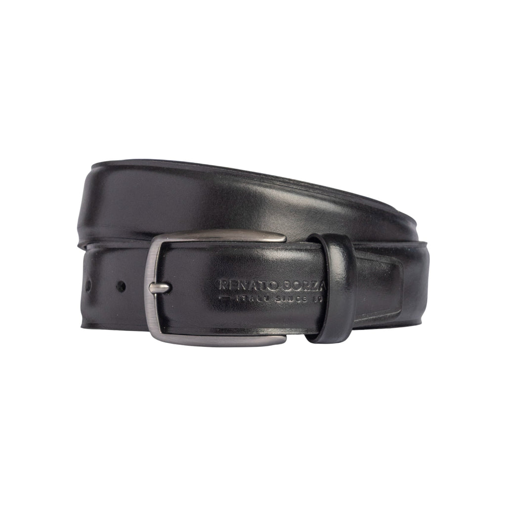 RB4025A | Men's Belt Made in Italy in Genuine Vegetable Tanned Leather. Satin Gunmetal Buckle. Color: Black. Dimensions: 125 x 3.5 x 0.5 cm (waistline 110 cm)