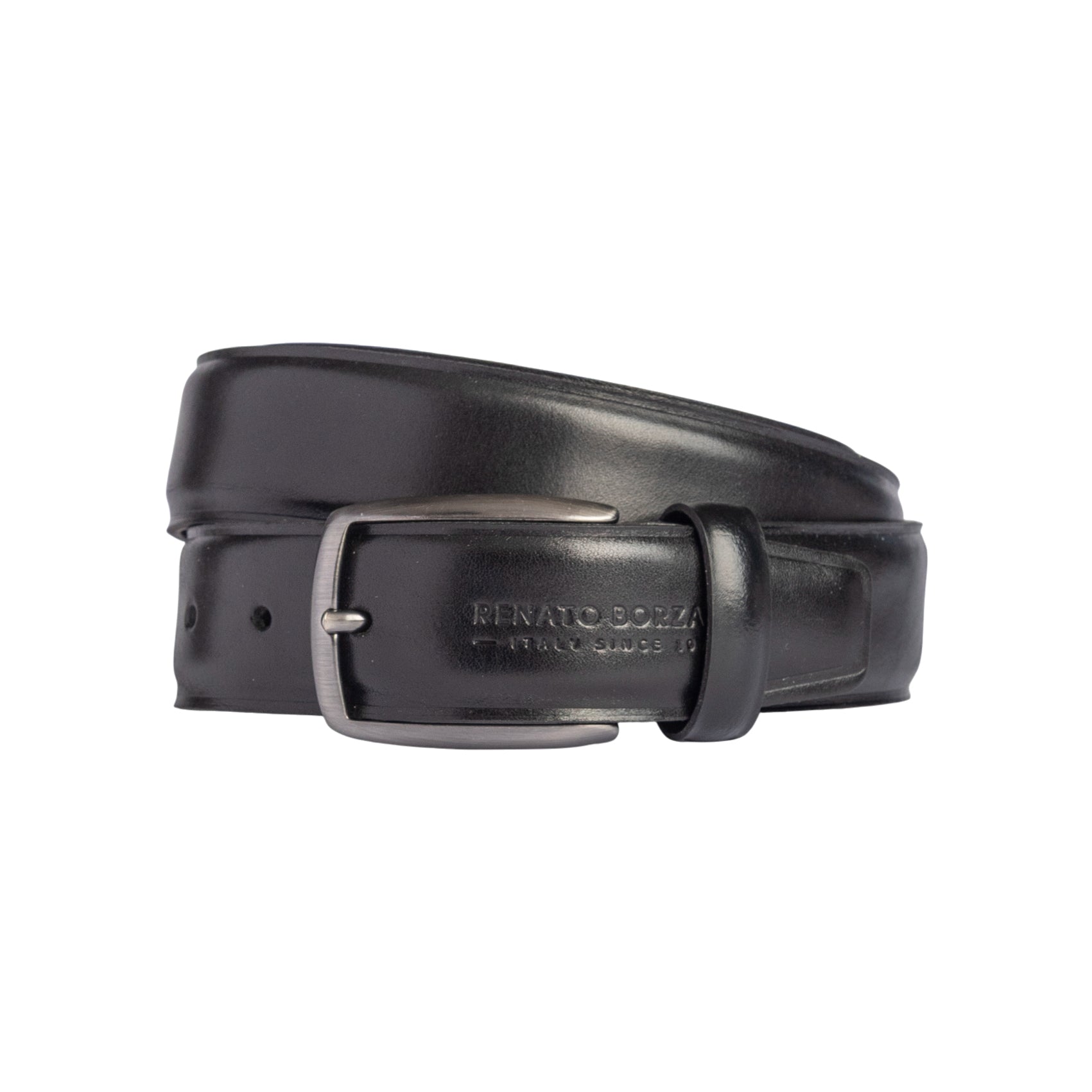 RB4025A | Men's Belt Made in Italy in Genuine Vegetable Tanned Leather. Satin Gunmetal Buckle. Color: Black. Dimensions: 125 x 3.5 x 0.5 cm (waistline 110 cm)