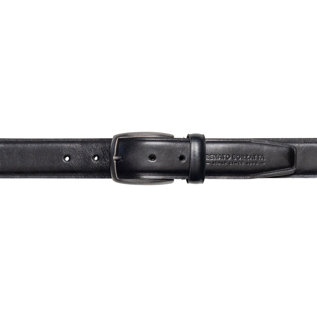 RB4025A | Men's Belt Made in Italy in Genuine Vegetable Tanned Leather. Satin Gunmetal Buckle. Color: Black. Dimensions: 125 x 3.5 x 0.5 cm (waistline 110 cm)