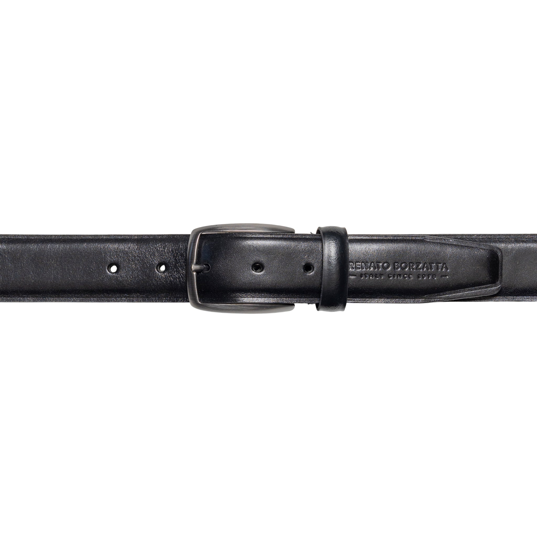 RB4025A | Men's Belt Made in Italy in Genuine Vegetable Tanned Leather. Satin Gunmetal Buckle. Color: Black. Dimensions: 125 x 3.5 x 0.5 cm (waistline 110 cm)
