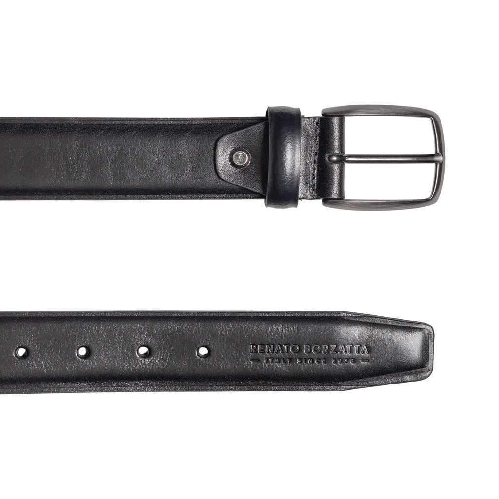 RB4025A | Men's Belt Made in Italy in Genuine Vegetable Tanned Leather. Satin Gunmetal Buckle. Color: Black. Dimensions: 125 x 3.5 x 0.5 cm (waistline 110 cm)