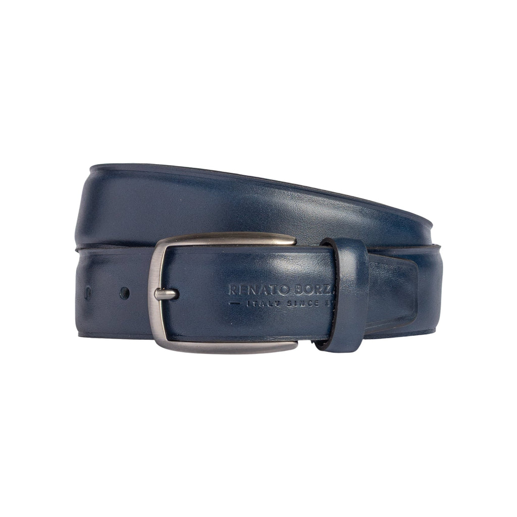 RB4025D | Men's Belt Made in Italy in Genuine Vegetable-Tanned Leather. Satin Gunmetal Buckle. Color: Blue. Dimensions: 125 x 3.5 x 0.5 cm (waistline 110 cm)