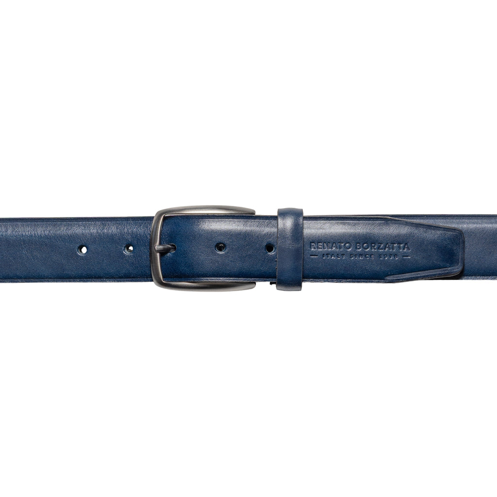 RB4025D | Men's Belt Made in Italy in Genuine Vegetable-Tanned Leather. Satin Gunmetal Buckle. Color: Blue. Dimensions: 125 x 3.5 x 0.5 cm (waistline 110 cm)