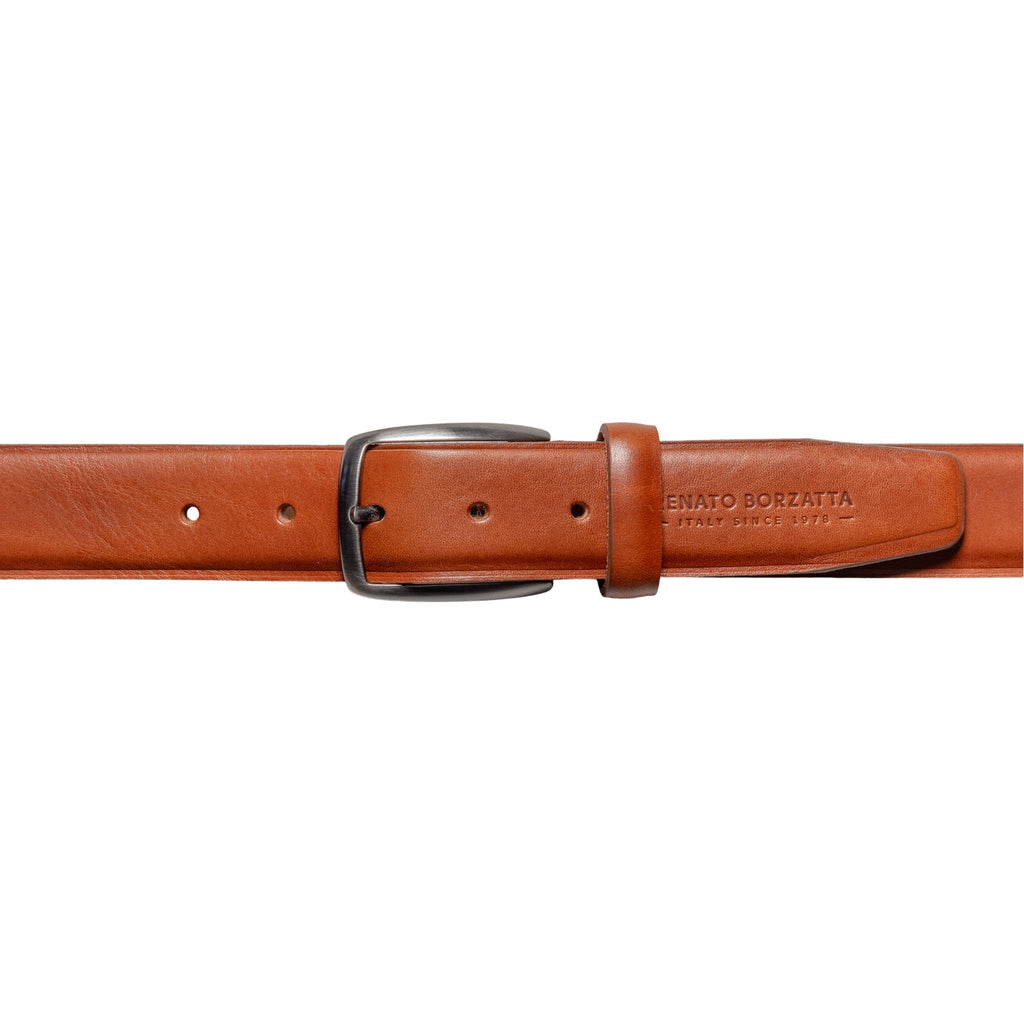 RB4025S | Men's Belt Made in Italy in Genuine Vegetable-Tanned Leather. Satin Gunmetal Buckle. Cognac Color. Dimensions: 125 x 3.5 x 0.5 cm (waistline 110 cm)