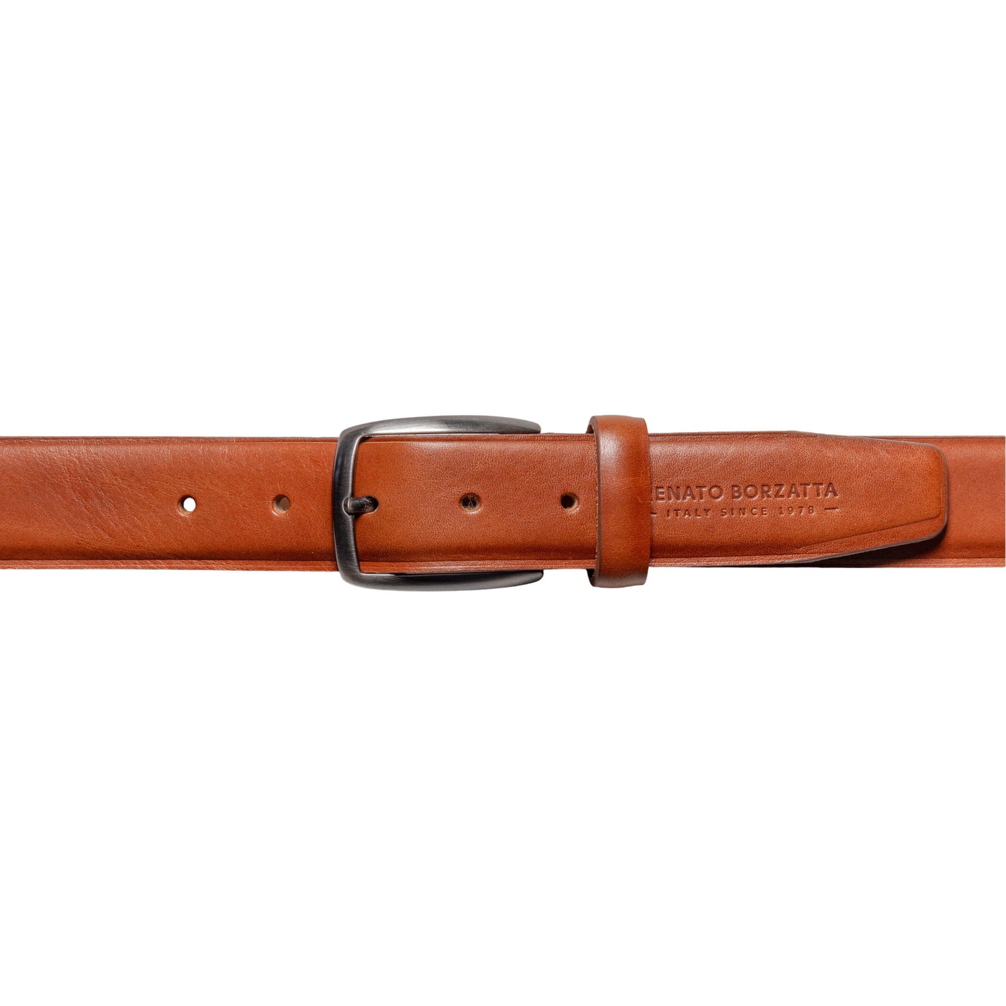 RB4025S | Men's Belt Made in Italy in Genuine Vegetable-Tanned Leather. Satin Gunmetal Buckle. Cognac Color. Dimensions: 125 x 3.5 x 0.5 cm (waistline 110 cm)