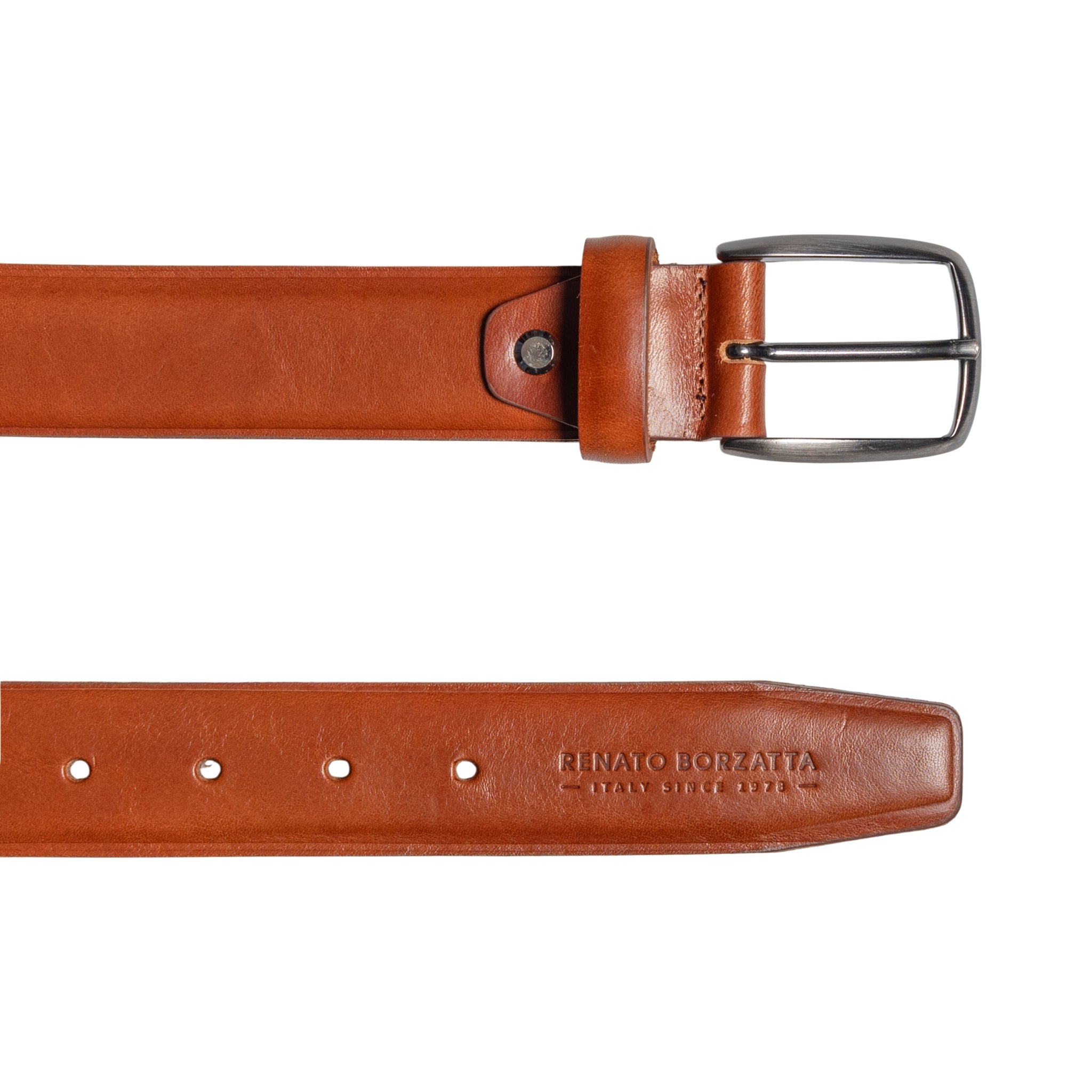 RB4025S | Men's Belt Made in Italy in Genuine Vegetable-Tanned Leather. Satin Gunmetal Buckle. Cognac Color. Dimensions: 125 x 3.5 x 0.5 cm (waistline 110 cm)