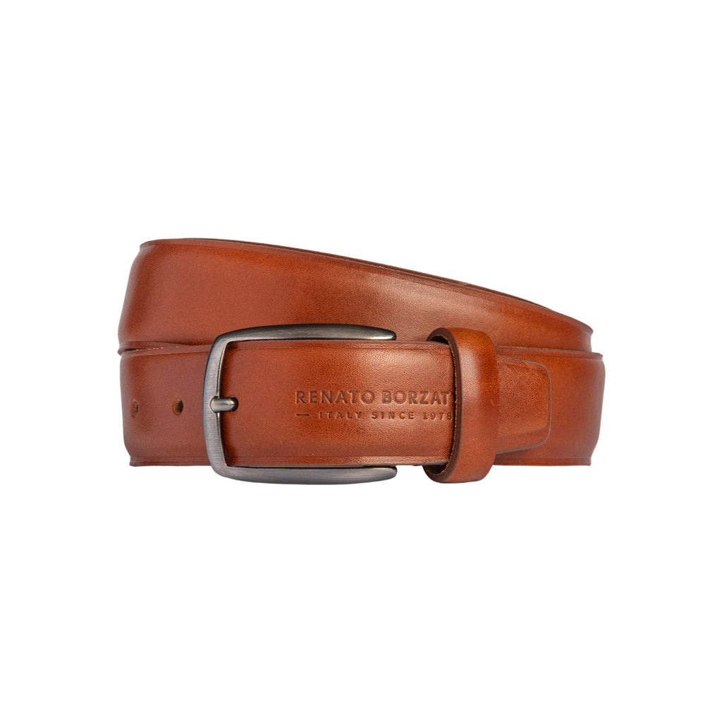 RB4025S | Men's Belt Made in Italy in Genuine Vegetable-Tanned Leather. Satin Gunmetal Buckle. Cognac Color. Dimensions: 125 x 3.5 x 0.5 cm (waistline 110 cm)