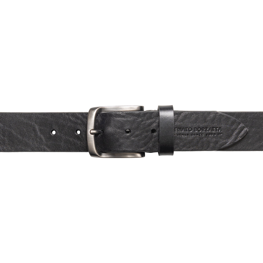 RB4027A | Men's Belt Made in Italy in Genuine Vegetable Tanned Leather. Satin Gunmetal Buckle. Color: Black. Dimensions: 125 x 4.0 x 0.5 cm (waistline 110 cm)
