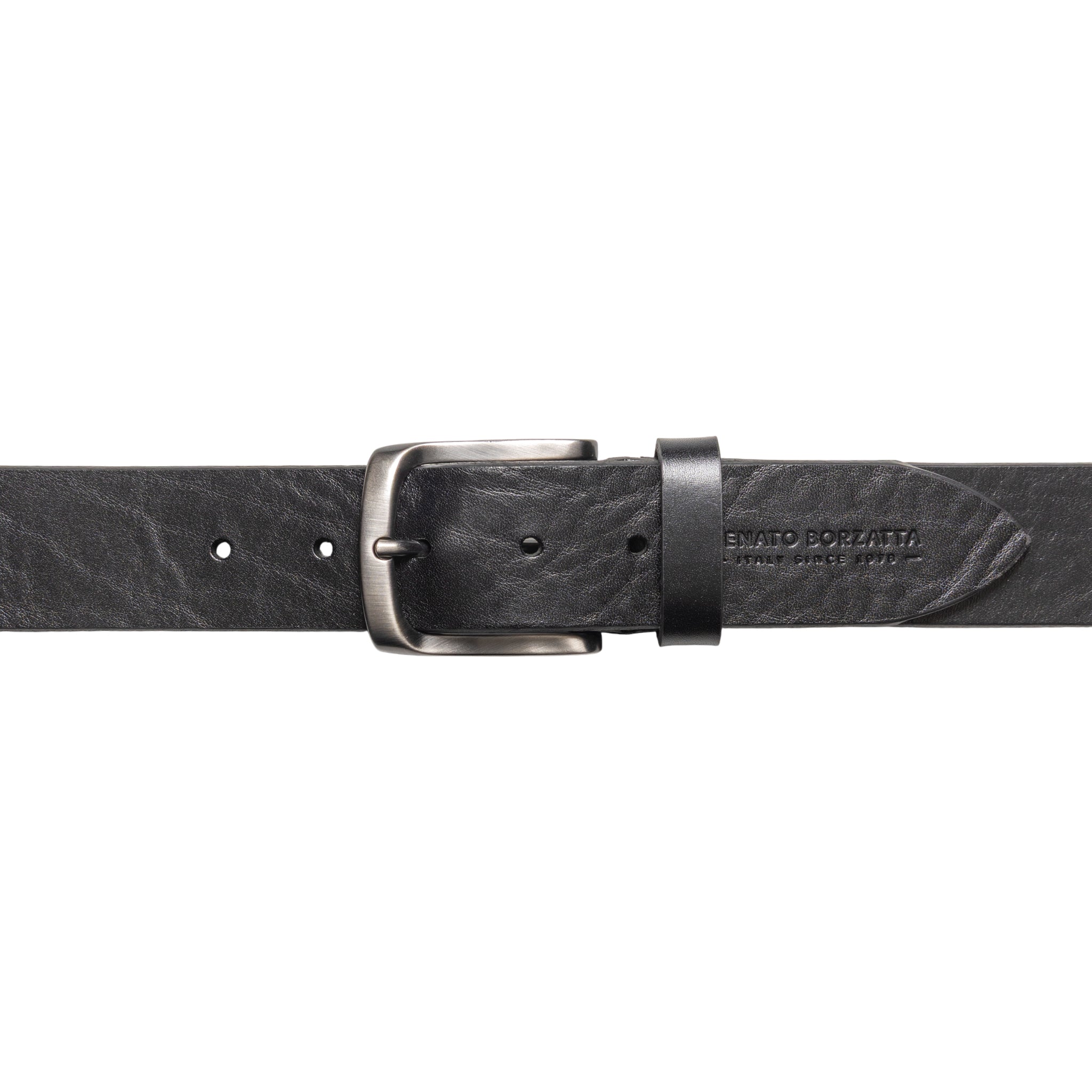 RB4027A | Men's Belt Made in Italy in Genuine Vegetable Tanned Leather. Satin Gunmetal Buckle. Color: Black. Dimensions: 125 x 4.0 x 0.5 cm (waistline 110 cm)