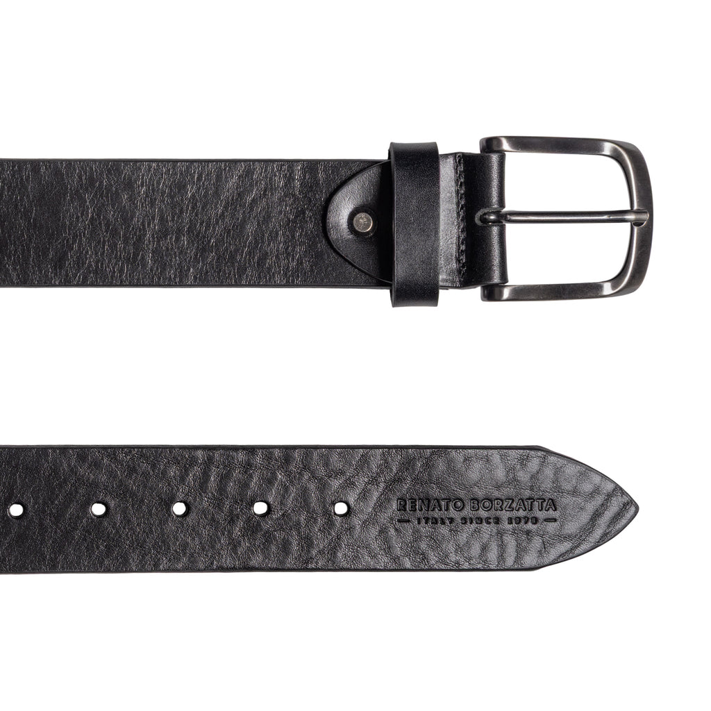 RB4027A | Men's Belt Made in Italy in Genuine Vegetable Tanned Leather. Satin Gunmetal Buckle. Color: Black. Dimensions: 125 x 4.0 x 0.5 cm (waistline 110 cm)