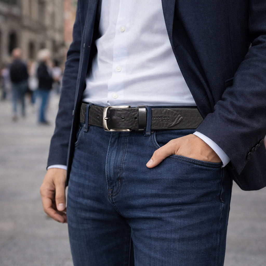 RB4027A | Men's Belt Made in Italy in Genuine Vegetable Tanned Leather. Satin Gunmetal Buckle. Color: Black. Dimensions: 125 x 4.0 x 0.5 cm (waistline 110 cm)