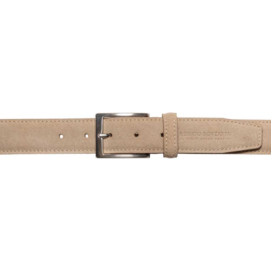 RB4029DF | Men's Belt Made in Italy in Genuine Suede Leather. Satin Silver Buckle. Cappuccino Color. Dimensions: 125 x 3.5 x 0.5 cm (waistline 110 cm)