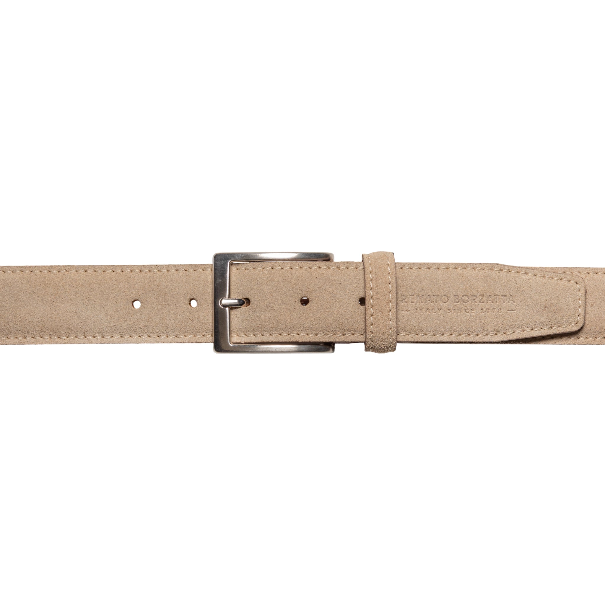 RB4029DF | Men's Belt Made in Italy in Genuine Suede Leather. Satin Silver Buckle. Cappuccino Color. Dimensions: 125 x 3.5 x 0.5 cm (waistline 110 cm)