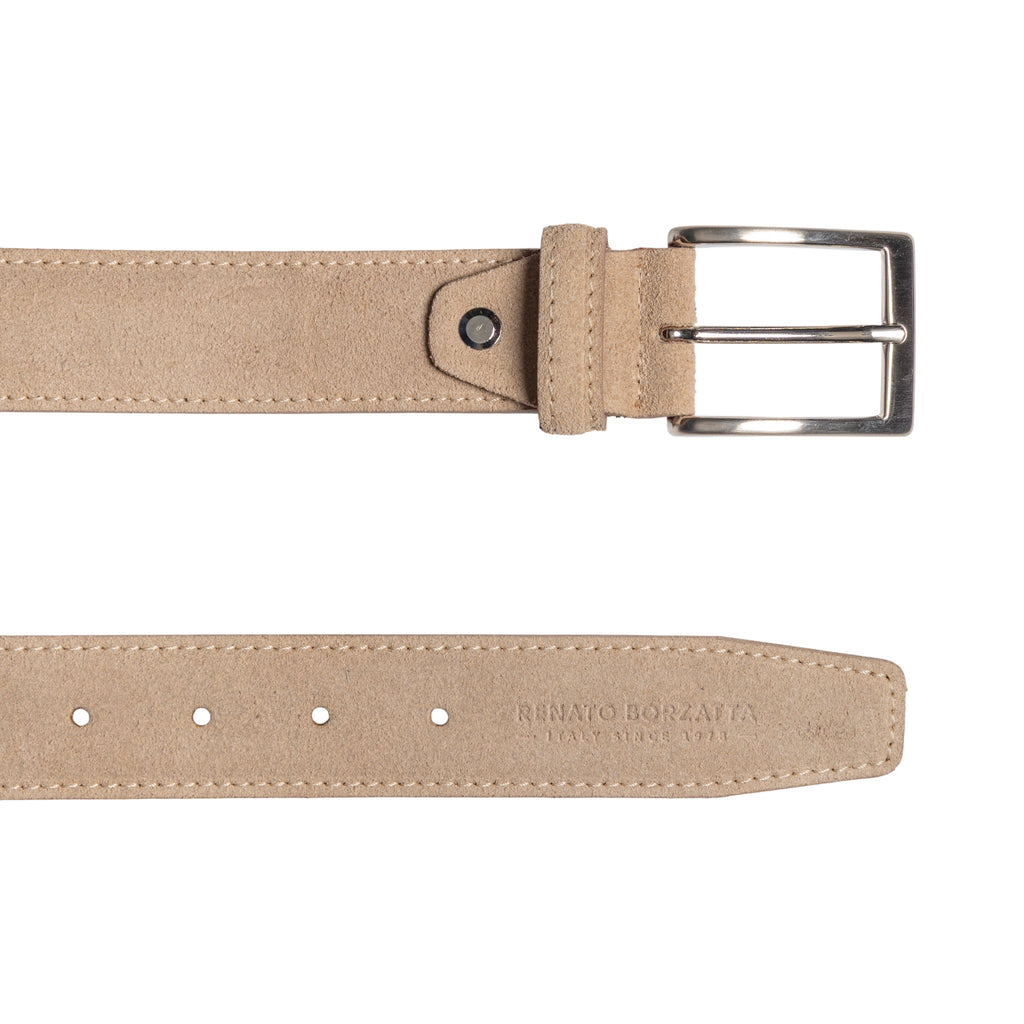 RB4029DF | Men's Belt Made in Italy in Genuine Suede Leather. Satin Silver Buckle. Cappuccino Color. Dimensions: 125 x 3.5 x 0.5 cm (waistline 110 cm)