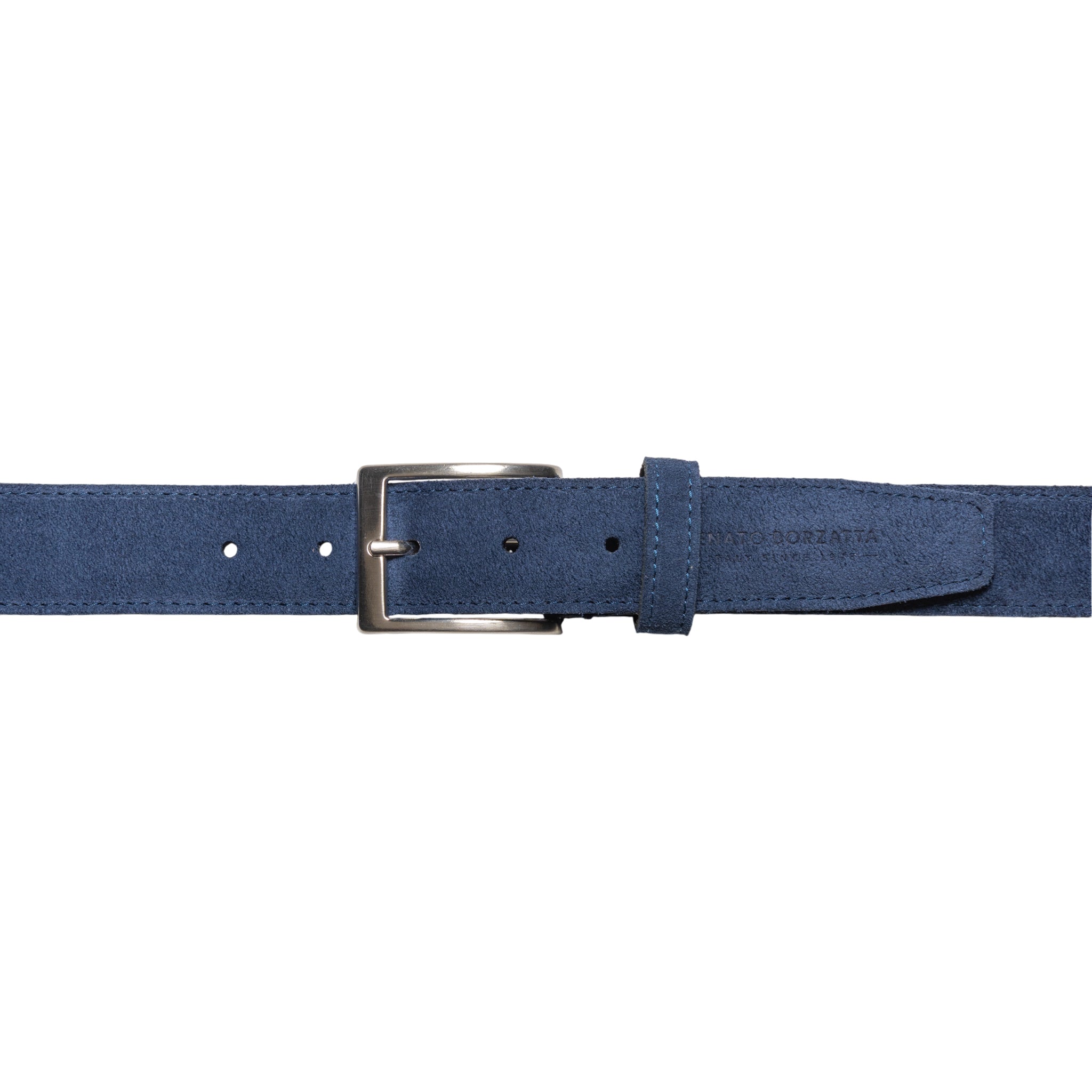 RB4029D | Men's Belt Made in Italy in Genuine Suede Leather. Satin Silver Buckle. Color: Blue. Dimensions: 125 x 3.5 x 0.5 cm (waistline 110 cm)