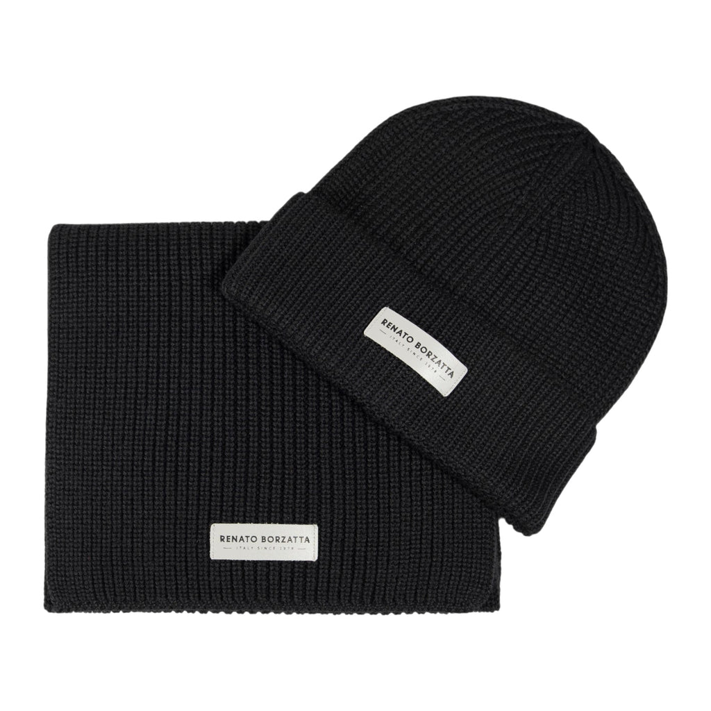 RB5004A | CERVINO Knitted Mixed Wool Scarf and Cap Set Made in Italy. Black Color - One Size