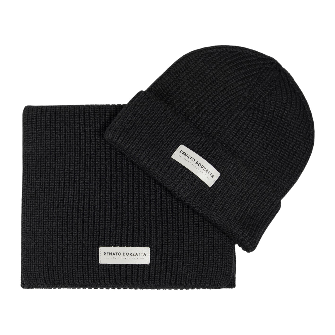 RB5004A | CERVINO Knitted Mixed Wool Scarf and Cap Set Made in Italy. Black Color - One Size