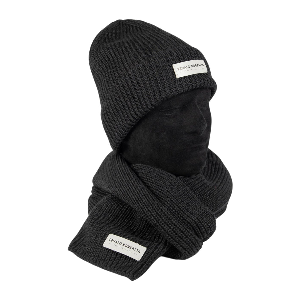 RB5004A | CERVINO Knitted Mixed Wool Scarf and Cap Set Made in Italy. Black Color - One Size
