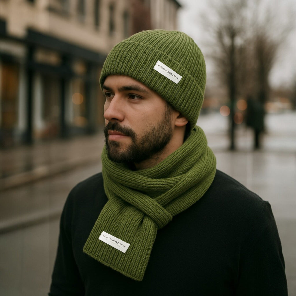 RB5004E | CERVINO Wool Blend Knit Scarf and Hat Set Made in Italy. Green - One Size