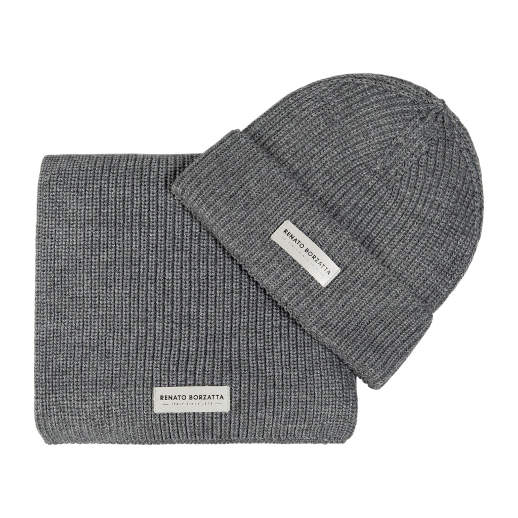 RB5004F | CERVINO Mixed Wool Knit Scarf and Cap Set Made in Italy. Color Grey Melange - One Size