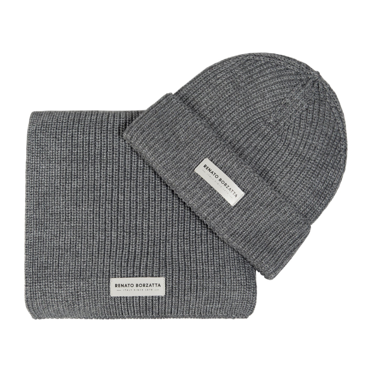 RB5004F | CERVINO Mixed Wool Knit Scarf and Cap Set Made in Italy. Color Grey Melange - One Size