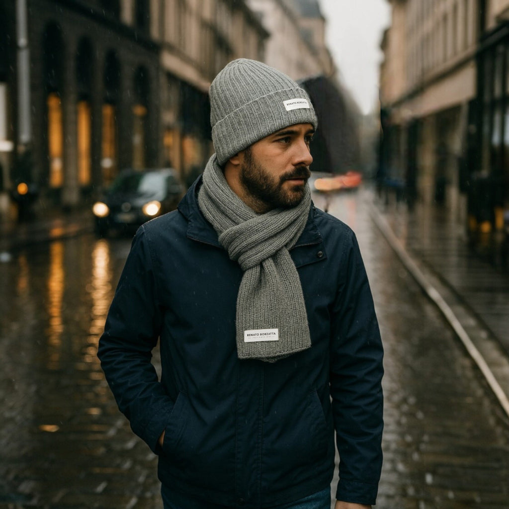 RB5004F | CERVINO Mixed Wool Knit Scarf and Cap Set Made in Italy. Color Grey Melange - One Size