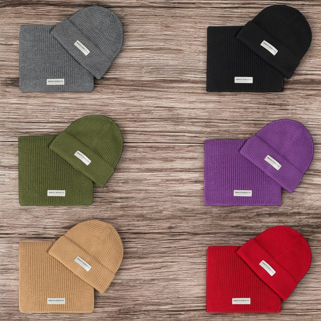 RB5004F | CERVINO Mixed Wool Knit Scarf and Cap Set Made in Italy. Color Grey Melange - One Size