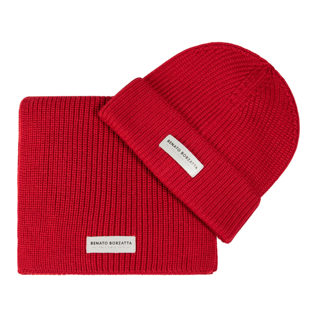 RB5004V | CERVINO Knitted Mixed Wool Scarf and Cap Set Made in Italy. Color Red - One Size