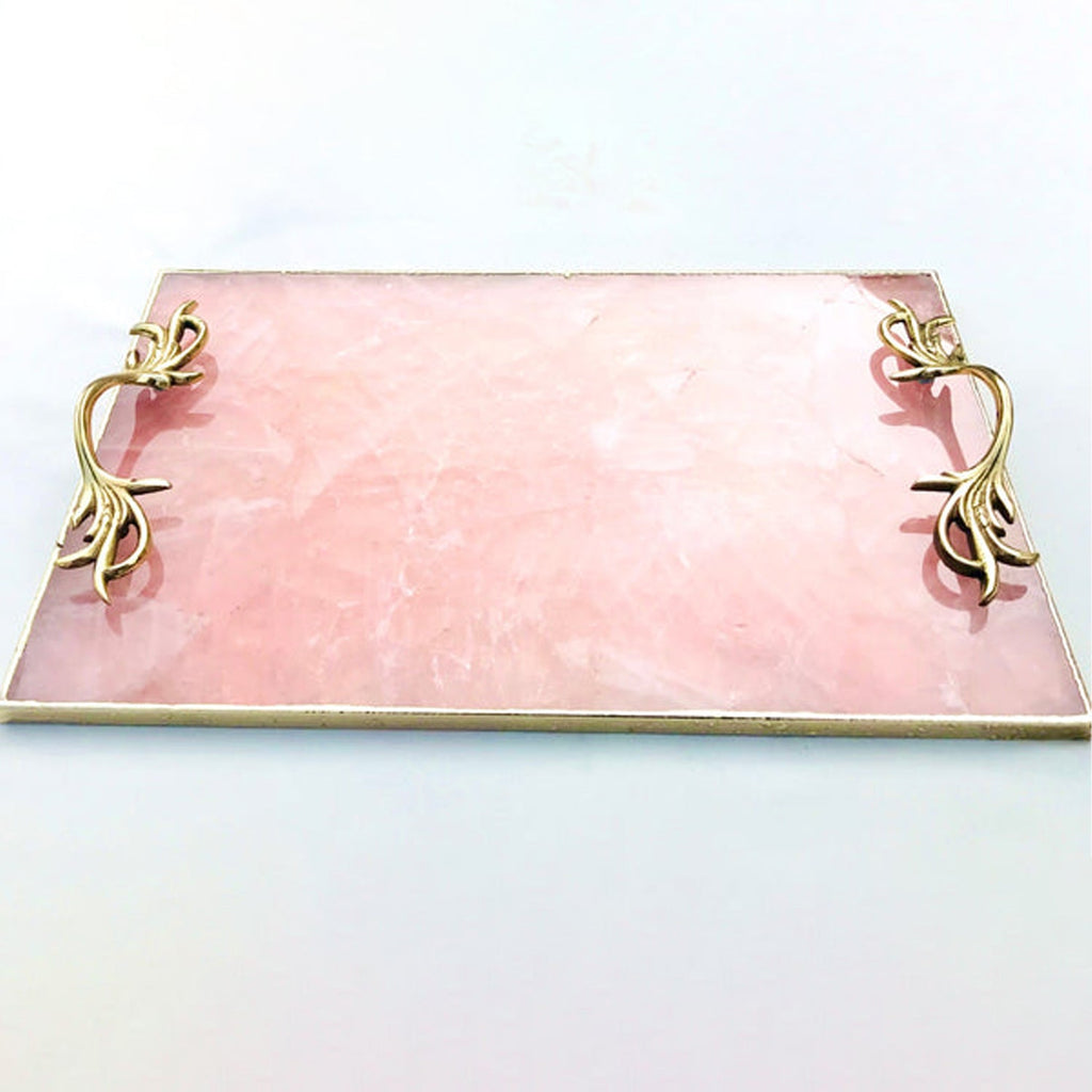Rose Quartz Agate Serving Tray With Brass Handles