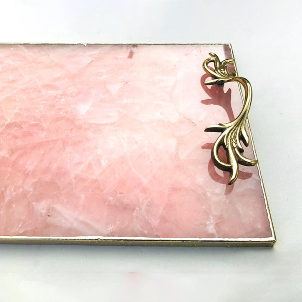 Rose Quartz Agate Serving Tray With Brass Handles