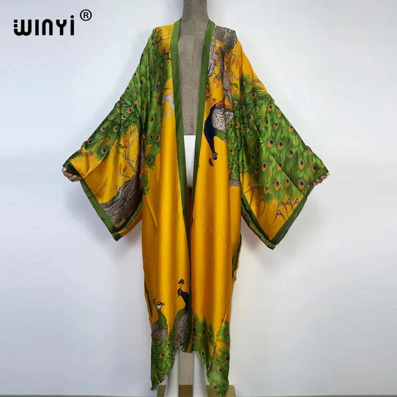 Radiant Peacock Print Silk Kaftan-1