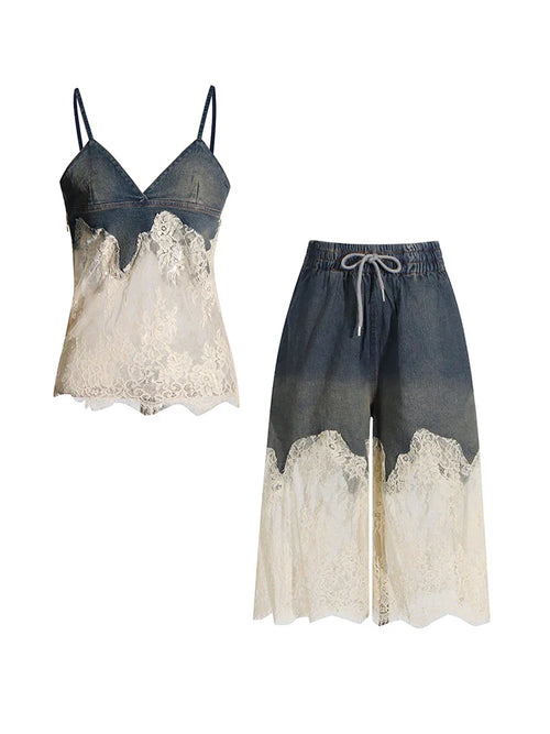 Audacious Denim Lace Two-Piece Set