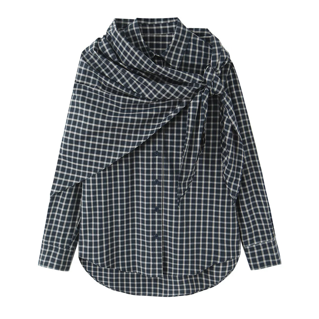Unique Plaid Irregular Bow Blouse-4