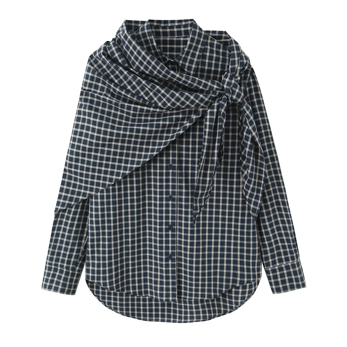 Unique Plaid Irregular Bow Blouse-4