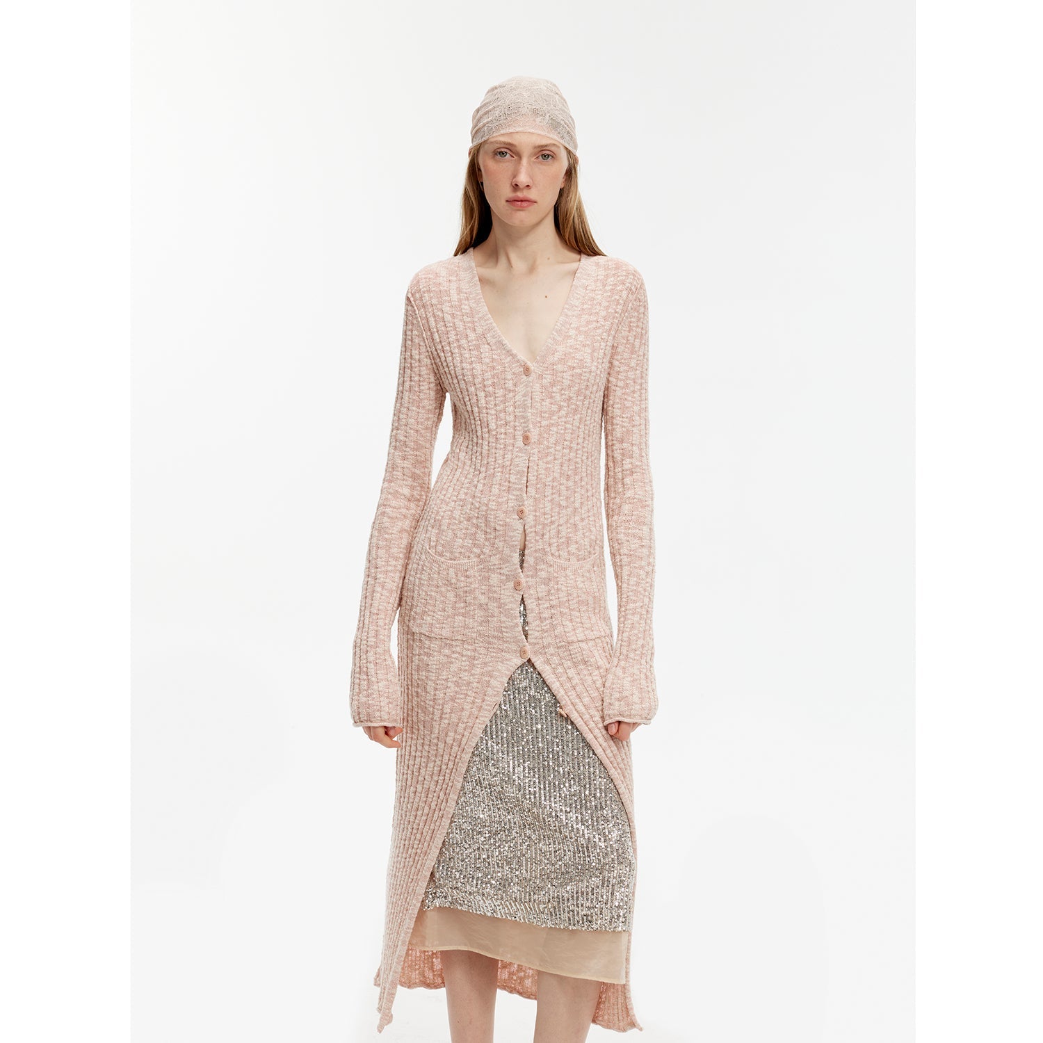 "Soft Spring Formula" Luxury brand same version cotton and linen fancy yarn knitted V-neck curling design straight long cardigan