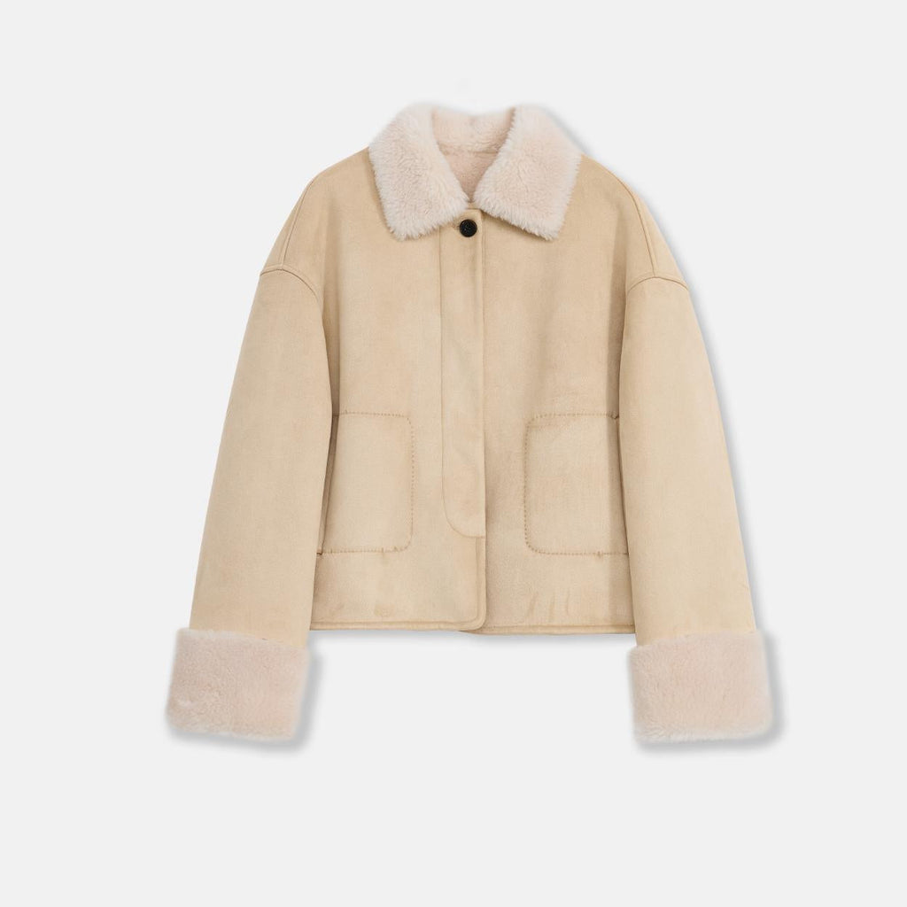 "Slightly Sweet Latte" Furry Lapel Wool Artificial Compound Suede Casual Straight Shearling Jacket