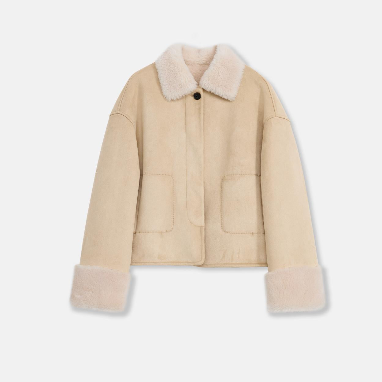 "Slightly Sweet Latte" Furry Lapel Wool Artificial Compound Suede Casual Straight Shearling Jacket