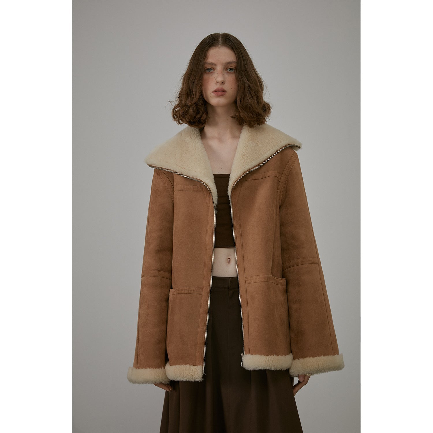 “August Night”Wool Artificial Compound Leather Reversible Shearling Jacket