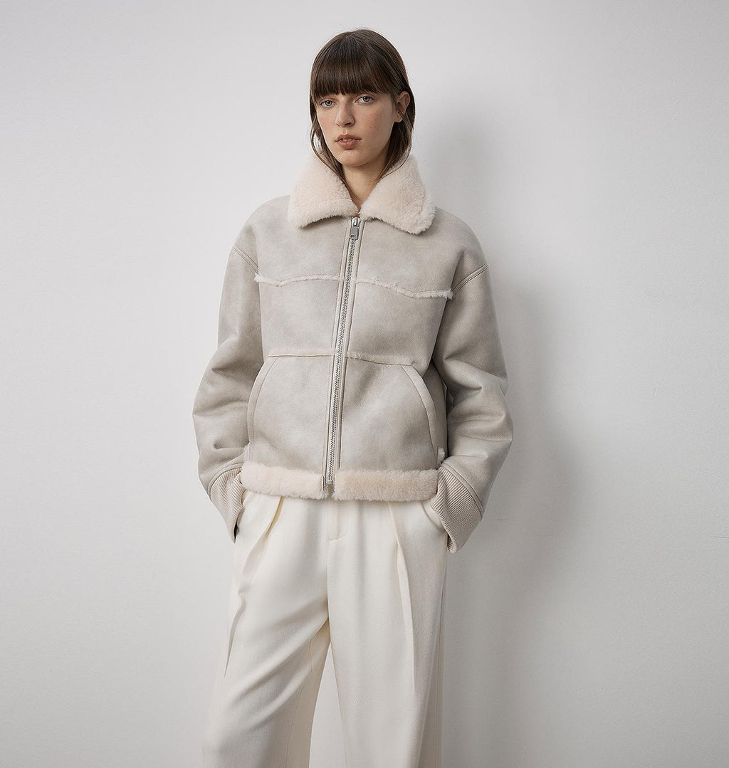 "Makino's Fun" Lapel Wool Artificial Compound Leather Short Style Shearling Jacket