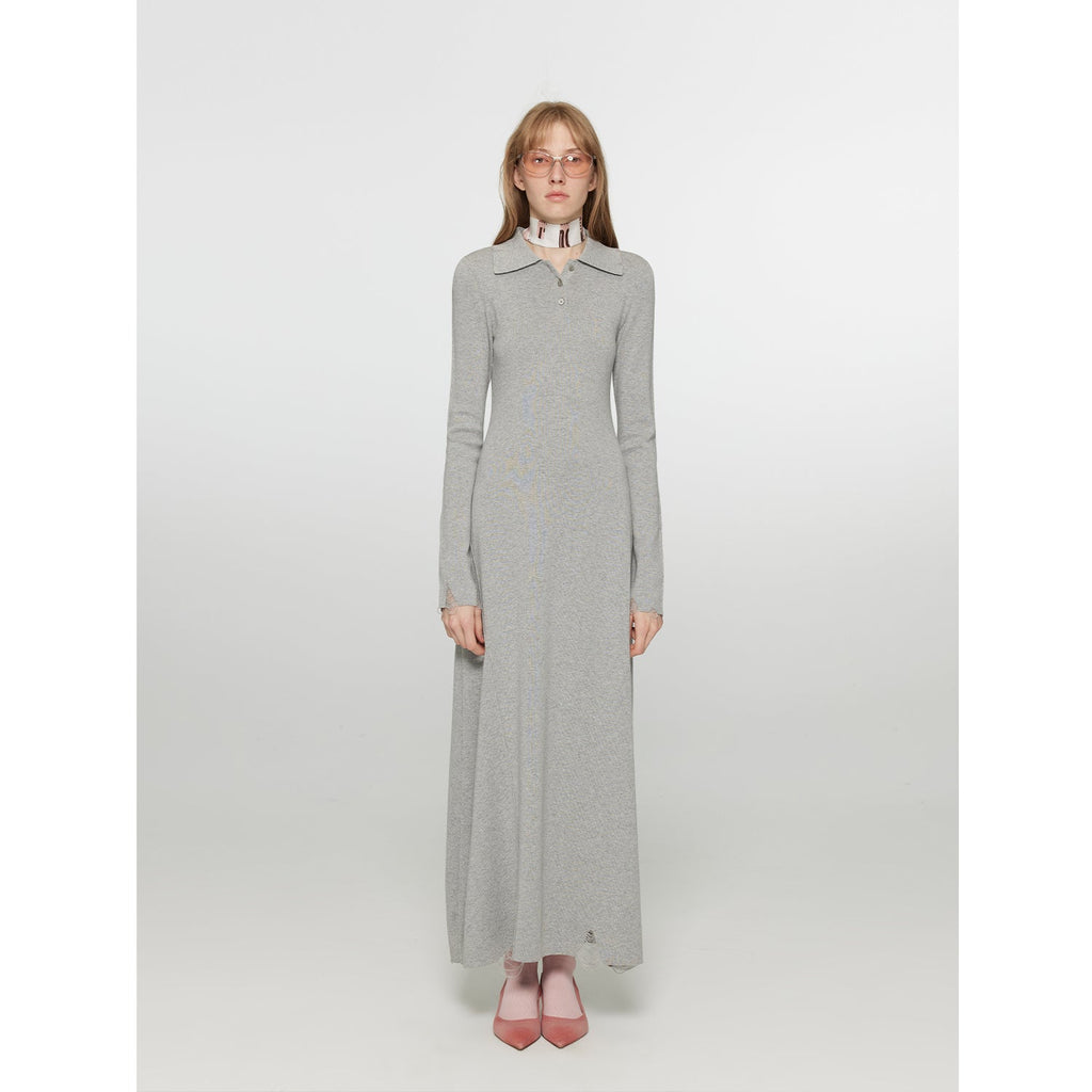 "Spring Muse" Merino Wool / Exquisite Polo Collar Waist-cinching Knit A-line Dress for Women