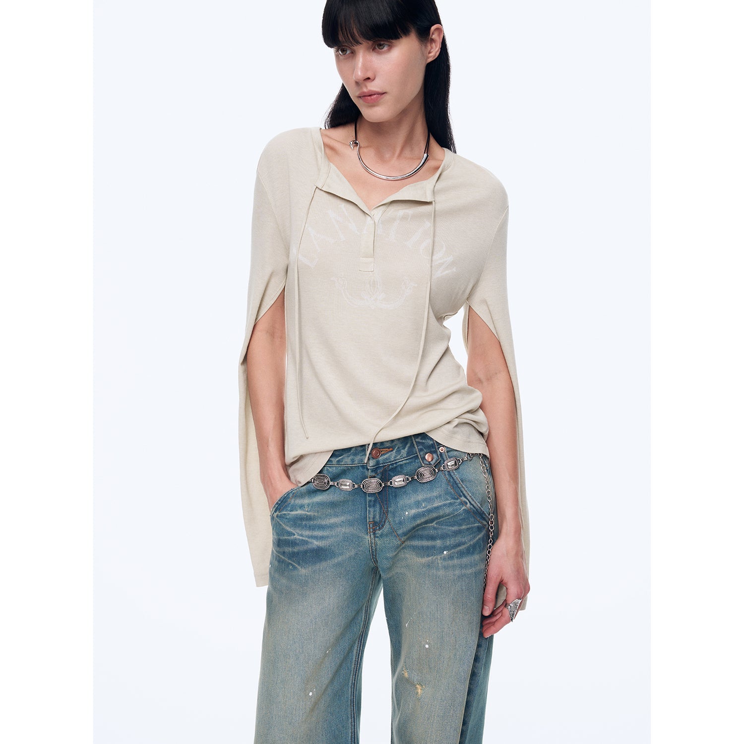 "Minimal Message" ethnic print modal knit henley collar tie long sleeve T-shirt top