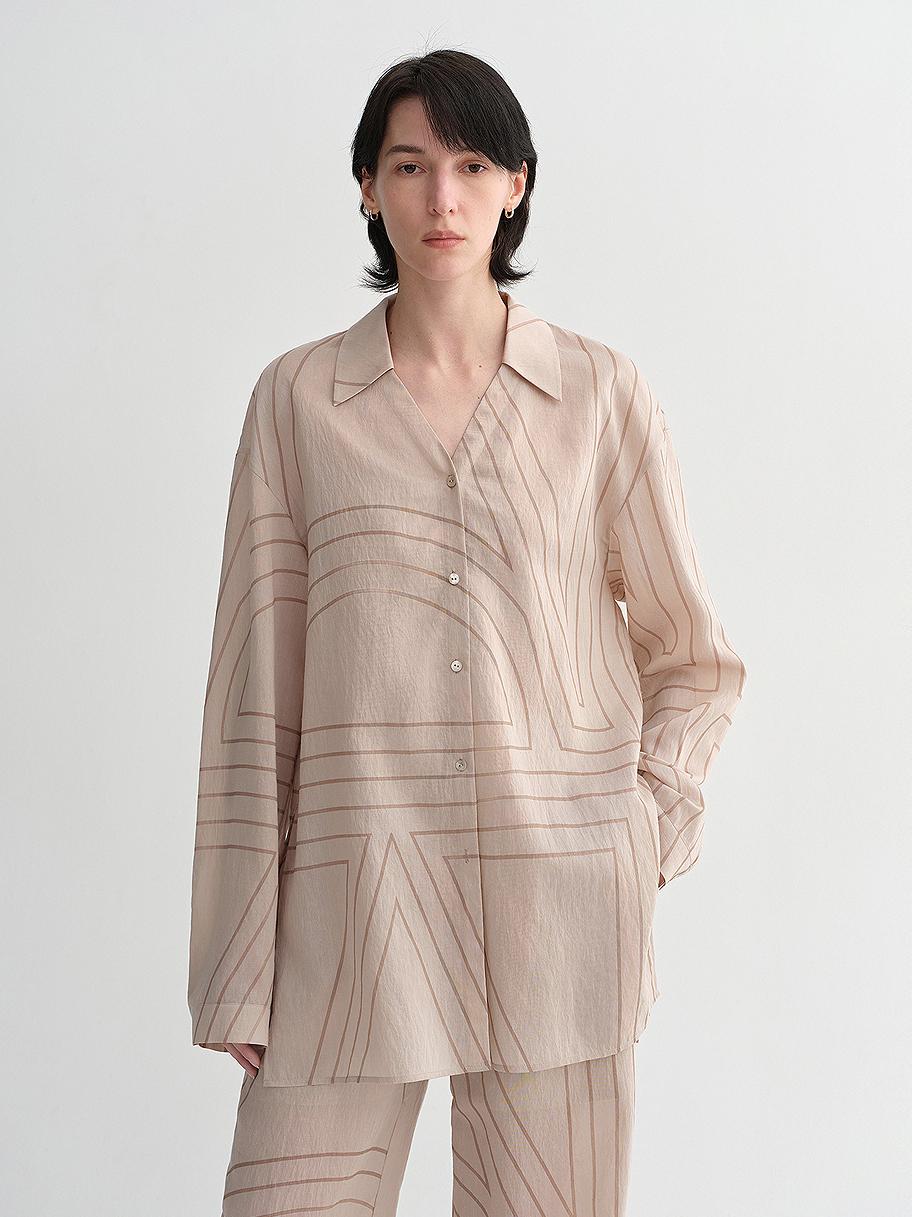Linen original art stripe print classic lapel small V-neck design breathable blouse shirt suit for women