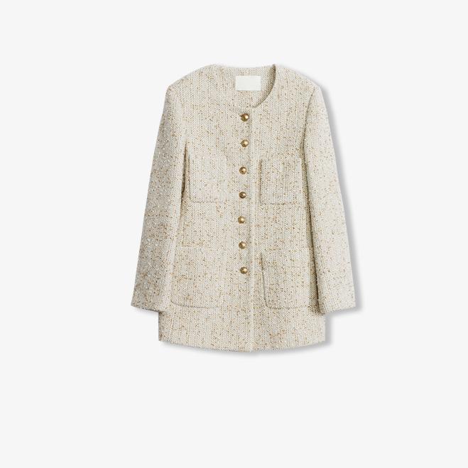 Heavy wool tweed high-end exquisite round neck patch pocket slim Chanel jacket for women