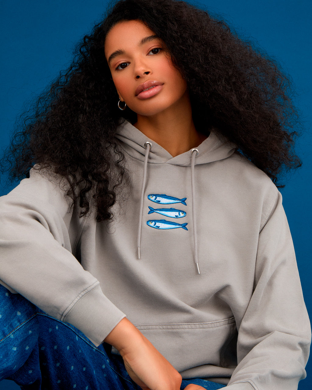 Sardines Organic Cotton Embroidered Hoodie Grey