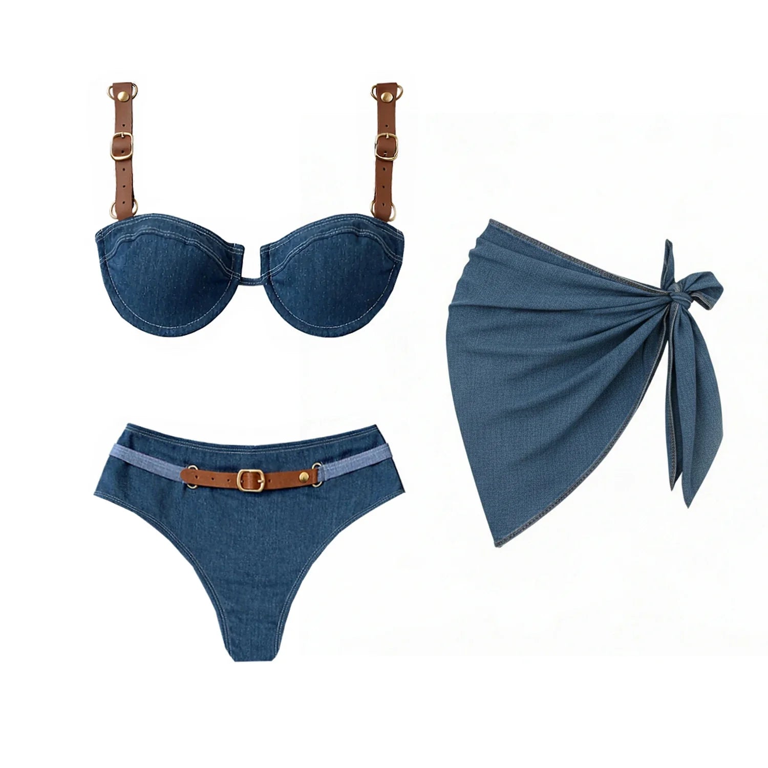 Audacious Denim Strappy Bikini Set-8