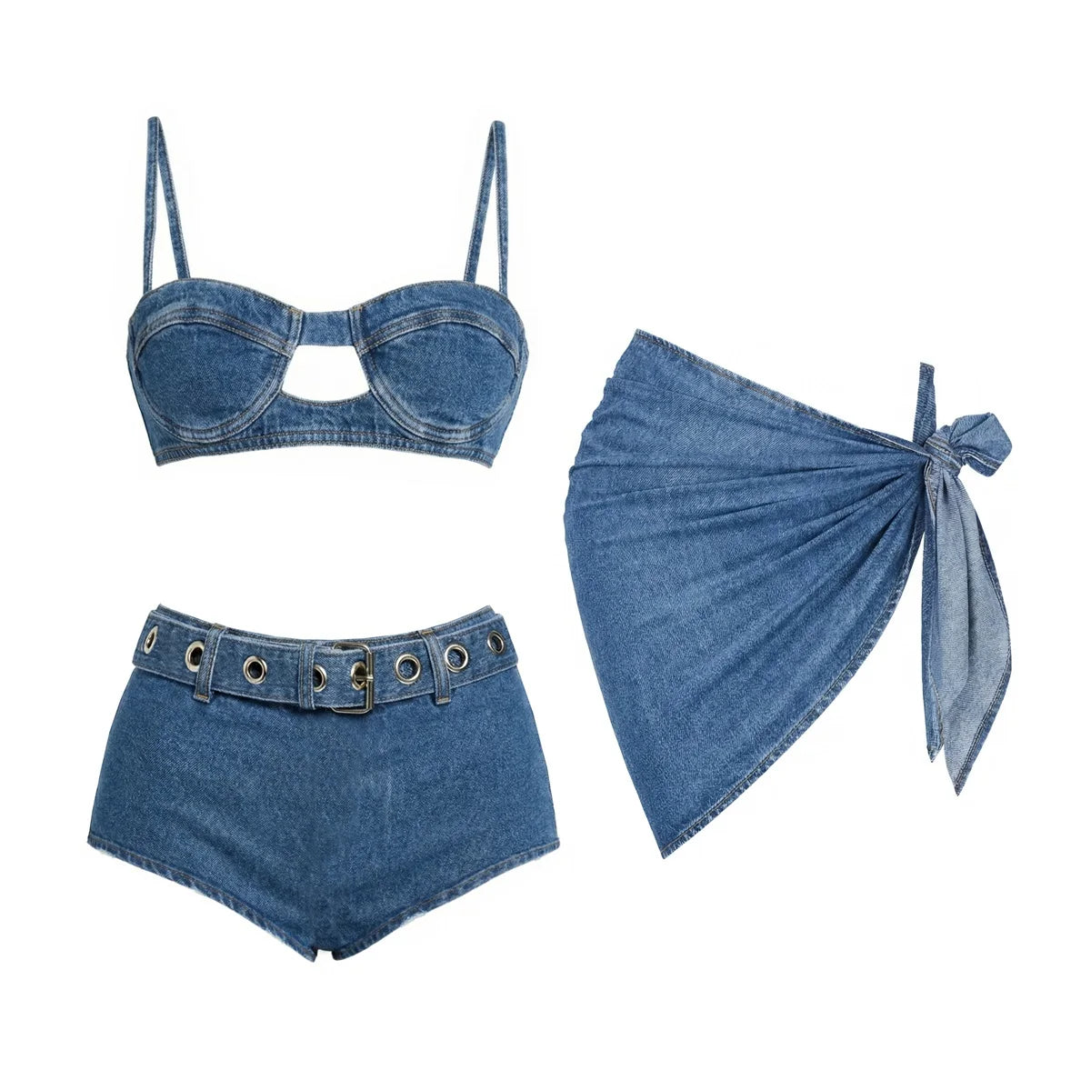 Audacious Denim Strappy Bikini Set-4