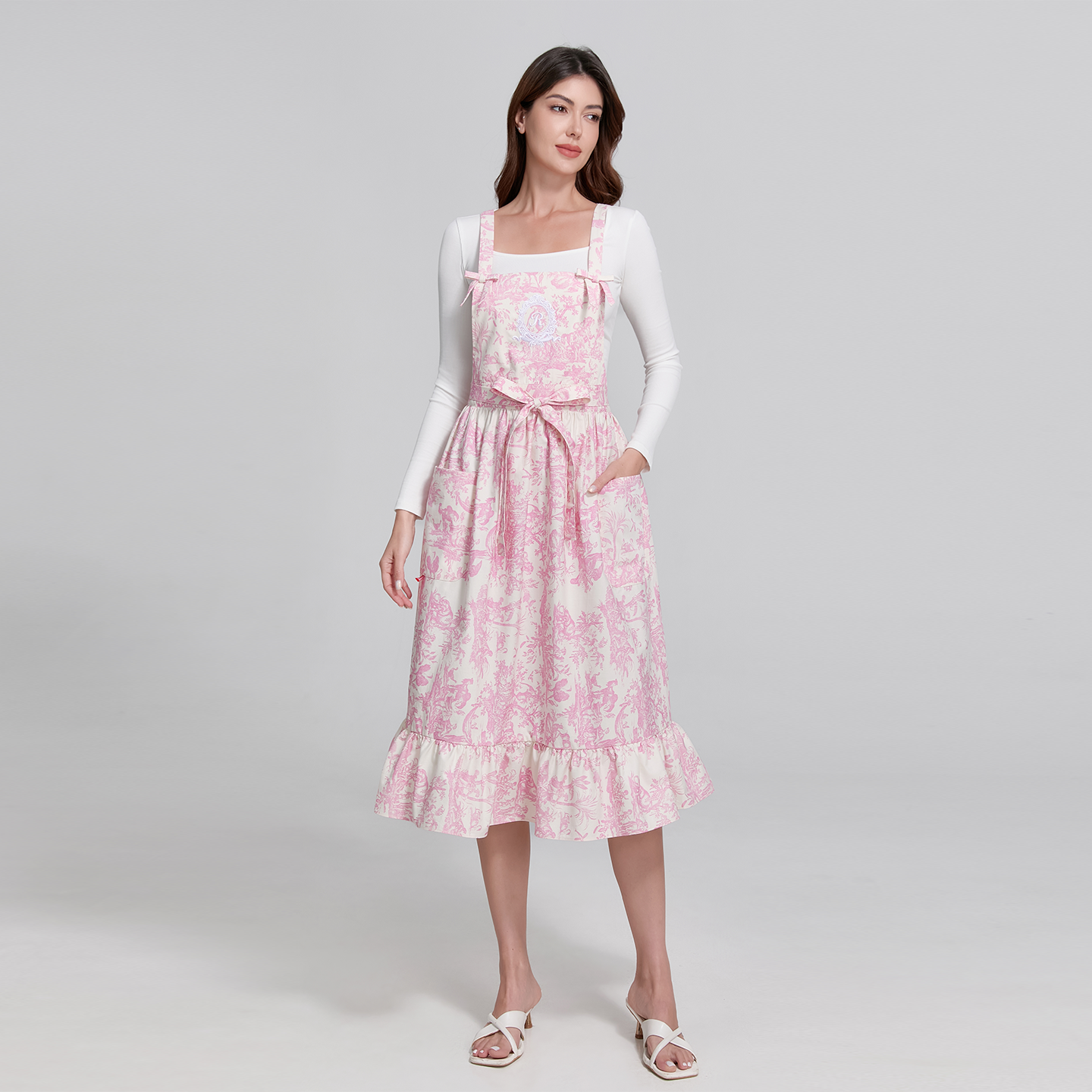 French Toile de Jouy Premium Cotton Apron with Embroidered Royal Emblem
